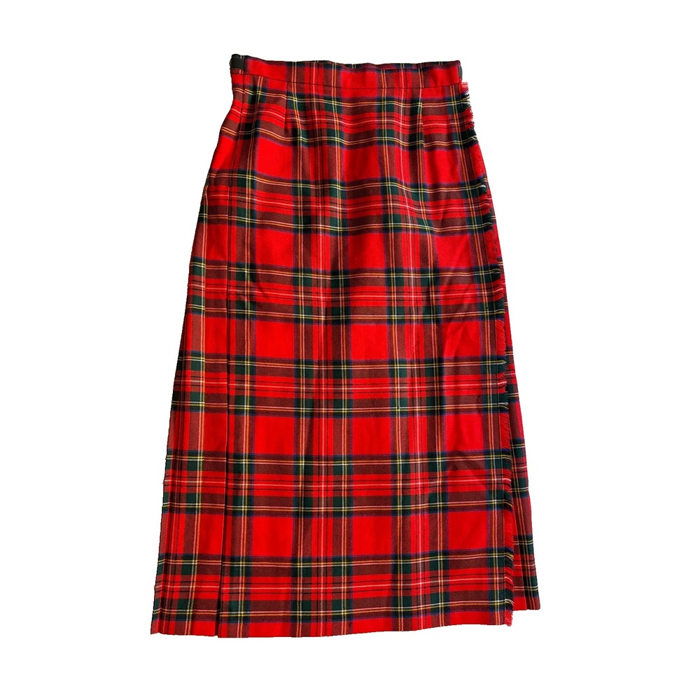 Vintage Allen Solly Red Plaid Wool Skirt Womens 12 Tartan Kilt Fringe Pleated